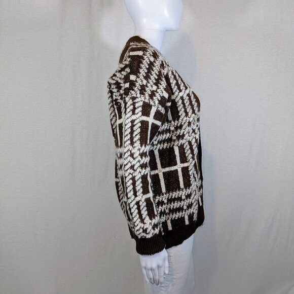 Cider 90s Brown/Ivory Chunky Cardigan Button Down V-Neck Sweater Womens M - Picture 3 of 5